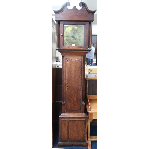 28 - A 19th century oak cased long case clock with brass dial bearing Arabian and Roman numerals (AF), 21... 