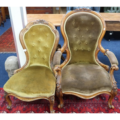 32 - A lot comprising a Victorian walnut framed spoon back parlour armchair and a smaller walnut framed s... 