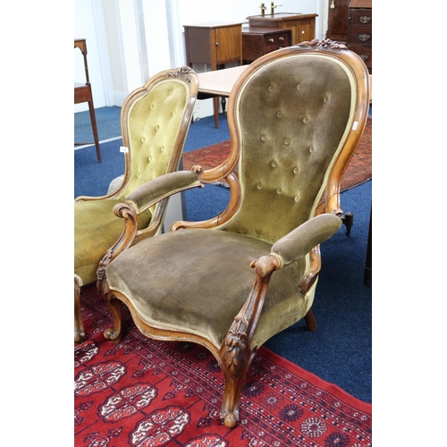 32 - A lot comprising a Victorian walnut framed spoon back parlour armchair and a smaller walnut framed s... 