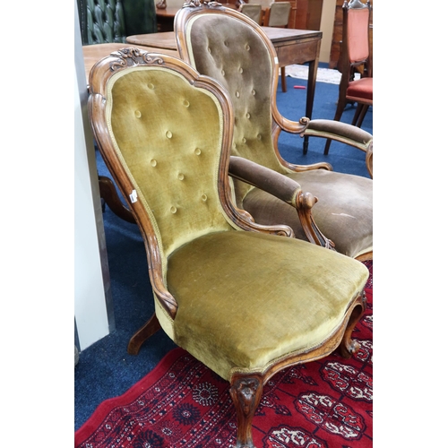 32 - A lot comprising a Victorian walnut framed spoon back parlour armchair and a smaller walnut framed s... 