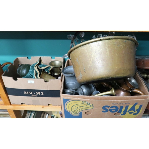 38 - A large mixed lot of assorted brass and metal wears inclusive of candlesticks, pewter tankards etc&n... 