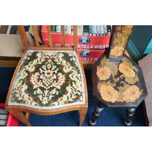 42 - A lot comprising a late Victorian Arts & Crafts chair with carved pierced splat with fruitwood i... 