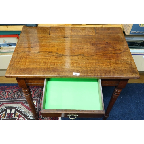 44 - A 19th century ash single drawer writing desk with concealed pen compartment to top on turned suppor... 