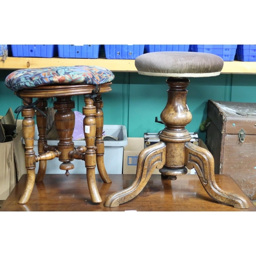 46 - A Victorian walnut adjustable piano stool with circular upholstered seat on turned pedestal support ... 