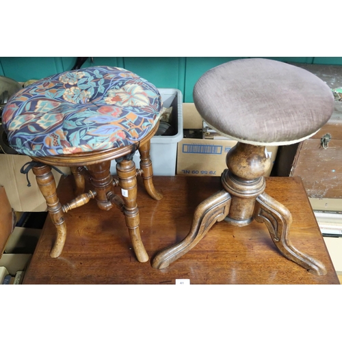 46 - A Victorian walnut adjustable piano stool with circular upholstered seat on turned pedestal support ... 