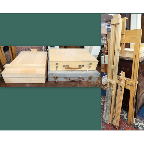 51 - A lot of three assorted pine folding easels and three assorted paints boxes (6)