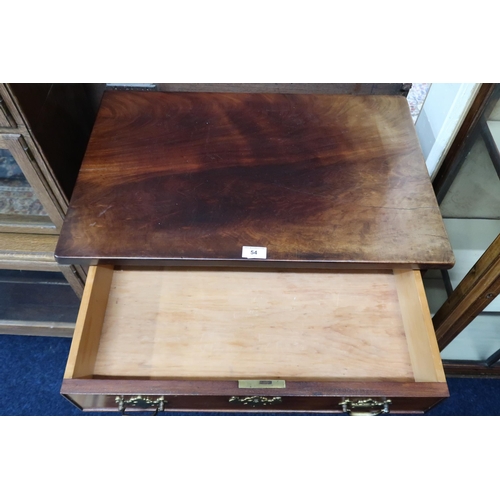 54 - A 20th century mahogany reproduction chest with four graduating drawers with brass fittings on brack... 