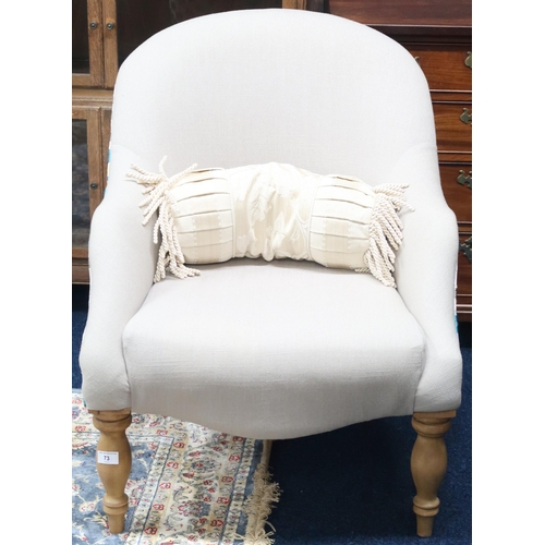 73 - A contemporary tub armchair with kilim patterned upholstered back and cream upholstered seat on turn... 