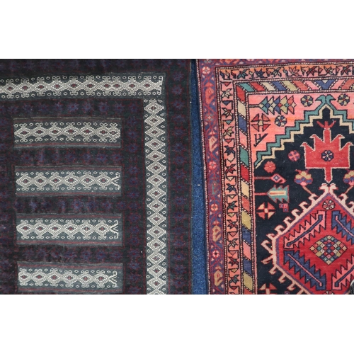 76 - A lot comprising a dark ground Hamadan style rug with geometric design, 138cm long x 83cm wide and a... 