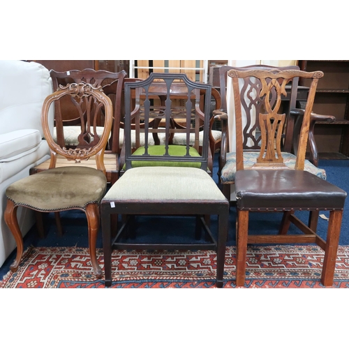 77 - A mixed lot of six chairs to include three assorted 19th century Hepplewhite style chairs, Victorian... 