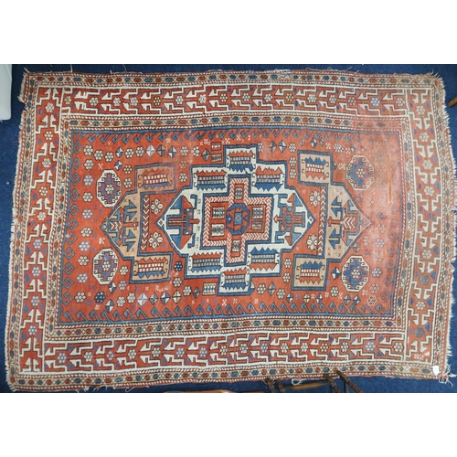 78 - A lot to include a terracotta ground Hamadan rug with multicoloured geometric central medallion and ... 