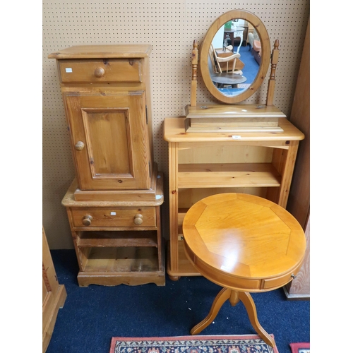 84 - A mixed lot to include a pine two door side cabinet, two assorted pine bedside tables, a pine open b... 