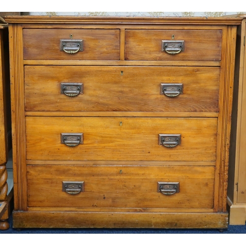 85 - An early 20th century pine two over three chest of drawers with brass drawer pulls on plinth base, 9... 