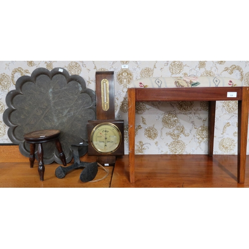 89 - A lot comprising upholstered stool, child's stool, brass table top, barometer/thermometer and a cast... 