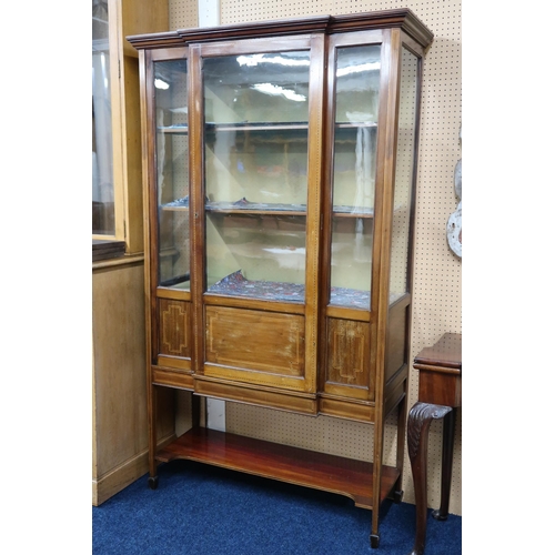 9 - An Edwardian mahogany breakfront glazed display cabinet with single central door flanked by glazed s... 