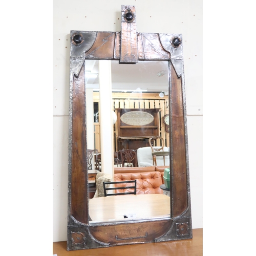 91 - A 20th century copper and lead framed Arts & Crafts wall mirror, 106cm high x 57cm deep