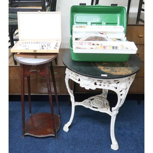 98 - A lot comprising a 20th circular topped pub table with cast iron base, mahogany two tier plant stand... 