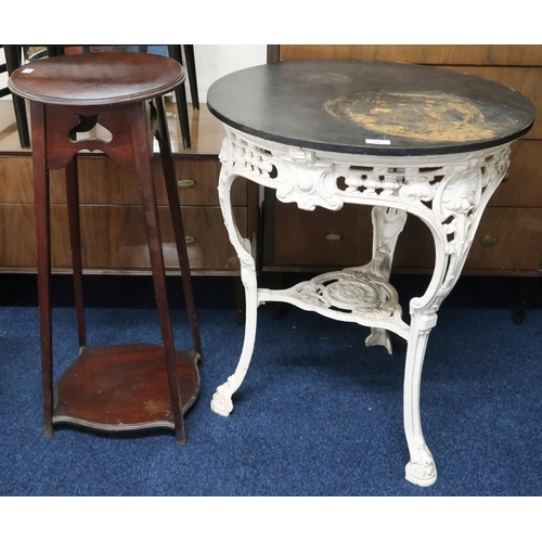 98 - A lot comprising a 20th circular topped pub table with cast iron base, mahogany two tier plant stand... 