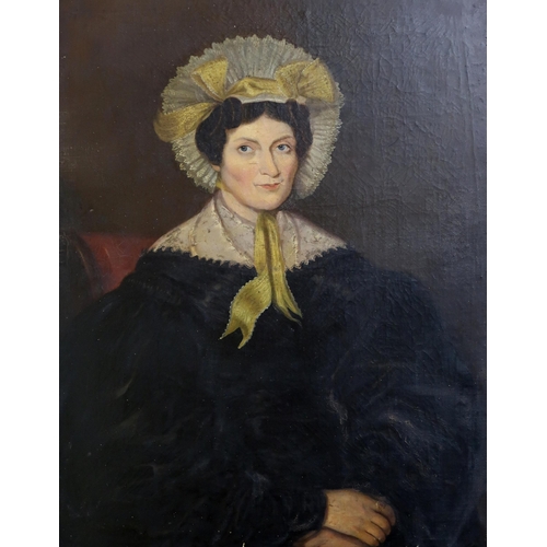 930 - BRITISH SCHOOL PORTRAIT OF A LADY WITH YELLOW AND WHITE HAT Oil on canvas, 87.5 x 67cm... 