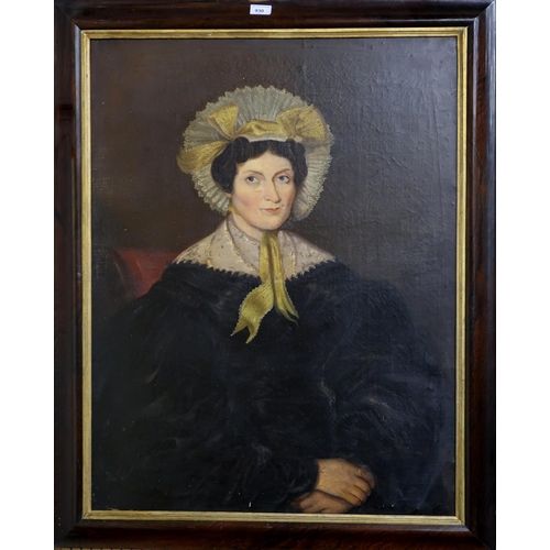 930 - BRITISH SCHOOL PORTRAIT OF A LADY WITH YELLOW AND WHITE HAT Oil on canvas, 87.5 x 67cm... 