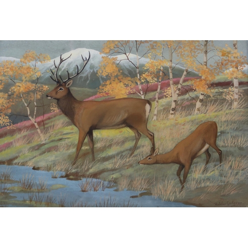 932 - RALSTON GUDGEON RSW (SCOTTISH 1910-1984) FAMILY OF DEER BY THE POND Watercolour, signed lower right,... 