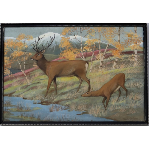 932 - RALSTON GUDGEON RSW (SCOTTISH 1910-1984) FAMILY OF DEER BY THE POND Watercolour, signed lower right,... 