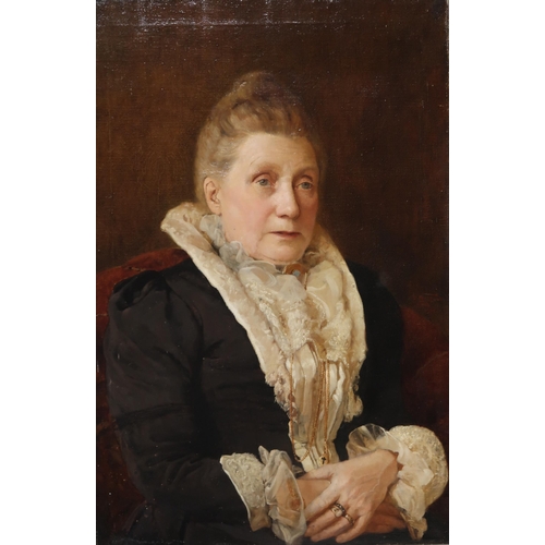 934 - BRITISH SCHOOL PORTRAIT OF A LADY WITH WHITE COLLAR Oil on canvas, 76.5 x 51cm Together with a gilde... 