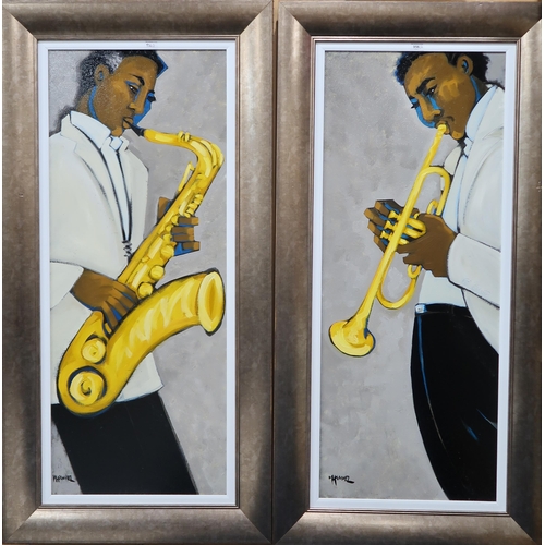 956 - MASHA HAMMEL (AMERICAN b.1949)  BRILLANT TRUMPET  Oil on canvas, signed lower left, 126.5 x 50cm Tog... 