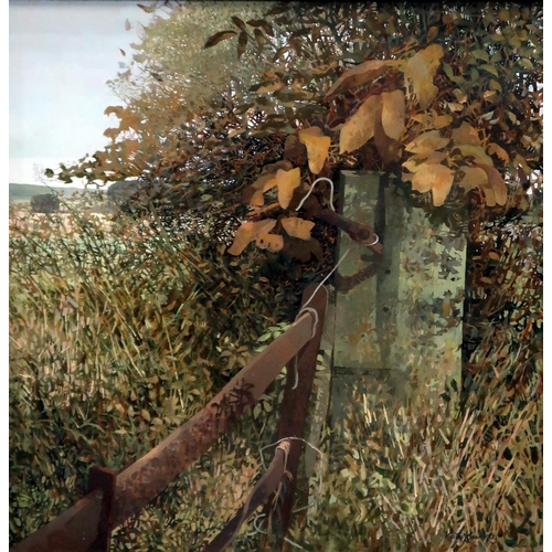 992 - KEITH DUNKLEY RWS (BRITISH b.1942) HEDGE POST Oil on boards, signed lower right, 50 x 50cm... 