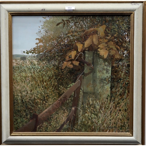 992 - KEITH DUNKLEY RWS (BRITISH b.1942) HEDGE POST Oil on boards, signed lower right, 50 x 50cm... 