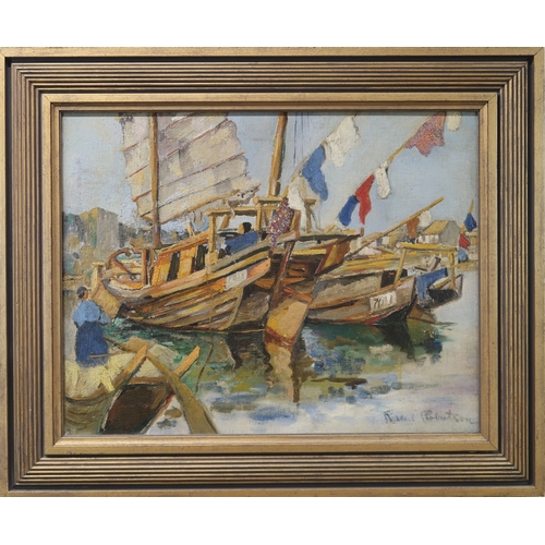 2980 - DR ROBERT CECIL ROBERTSON (SCOTTISH 1890-1942)JUNKS IN HARBOUR, POSSIBLY SHANGHAIOil on canvas, sign... 