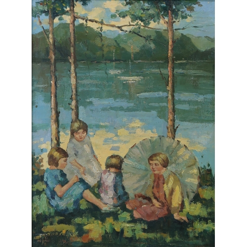 2985 - MARGARET WRIGHT RSW (SCOTTISH 1884-1957)PICNIC ON THE GARELOCH Oil on panel, 40 x 29.5cm (15.75... 