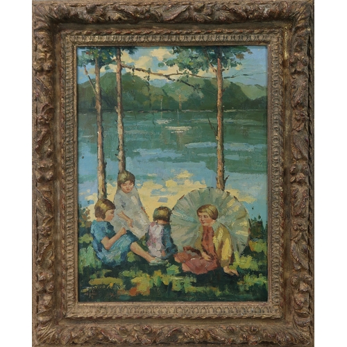 2985 - MARGARET WRIGHT RSW (SCOTTISH 1884-1957)PICNIC ON THE GARELOCH Oil on panel, 40 x 29.5cm (15.75... 