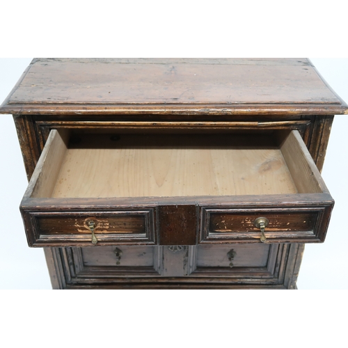 2019 - A 17TH CENTURY OAK JACOBEAN CHEST ON STAND with three graduating drawers on base with turned support... 