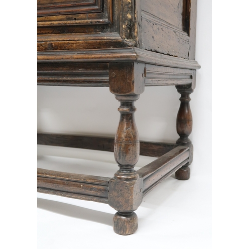 2019 - A 17TH CENTURY OAK JACOBEAN CHEST ON STAND with three graduating drawers on base with turned support... 