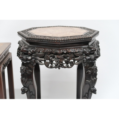 2020 - A 19TH CENTURY CHINESE MARBLE TOPPED JARDINIERE STAND with octagonal top over carved pierced friezes... 