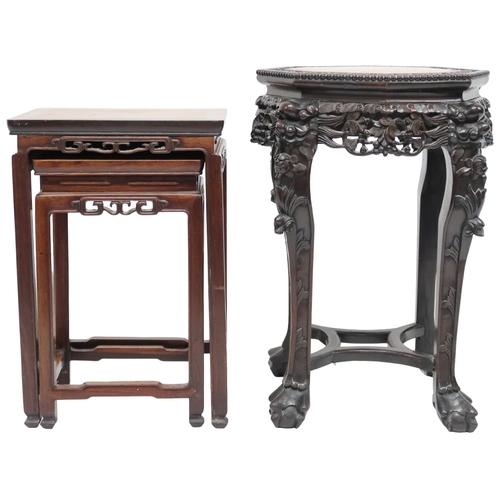 2020 - A 19TH CENTURY CHINESE MARBLE TOPPED JARDINIERE STAND with octagonal top over carved pierced friezes... 