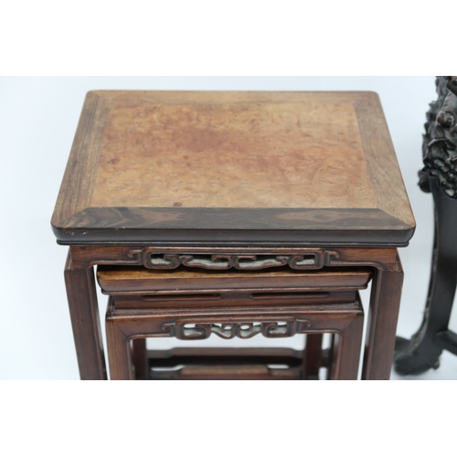 2020 - A 19TH CENTURY CHINESE MARBLE TOPPED JARDINIERE STAND with octagonal top over carved pierced friezes... 