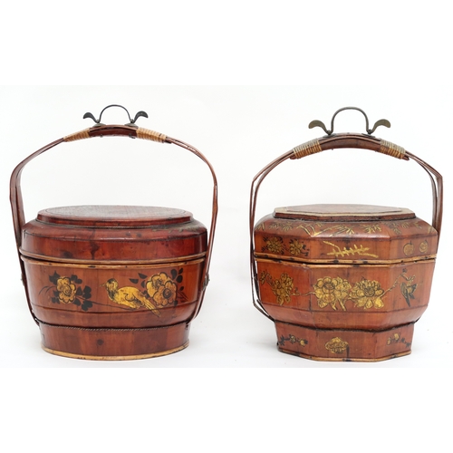 2022 - A LOT OF TWO ASSORTED 20TH CENTURY CHINESE PAINTED LACQUER SINGLE TIER WEDDING BASKETS the first wit... 