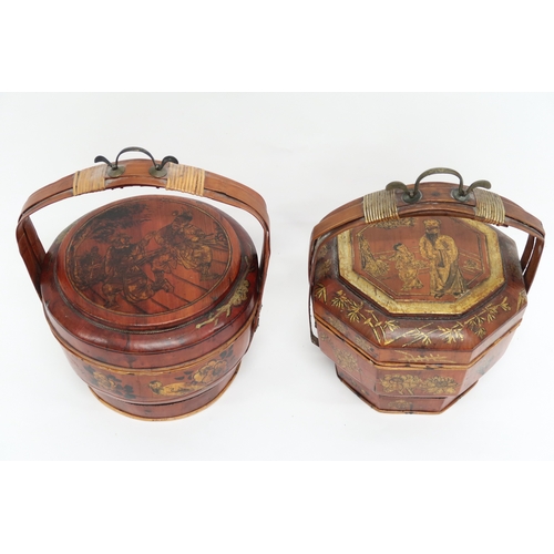 2022 - A LOT OF TWO ASSORTED 20TH CENTURY CHINESE PAINTED LACQUER SINGLE TIER WEDDING BASKETS the first wit... 