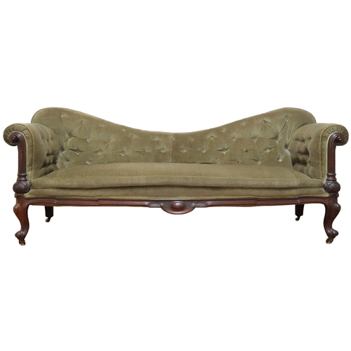 2030 - A VICTORIAN ROSEWOOD FRAMED BUTTONBACK UPHOLSTERED GOSSIP SOFA with scrolled arms on carved supports... 