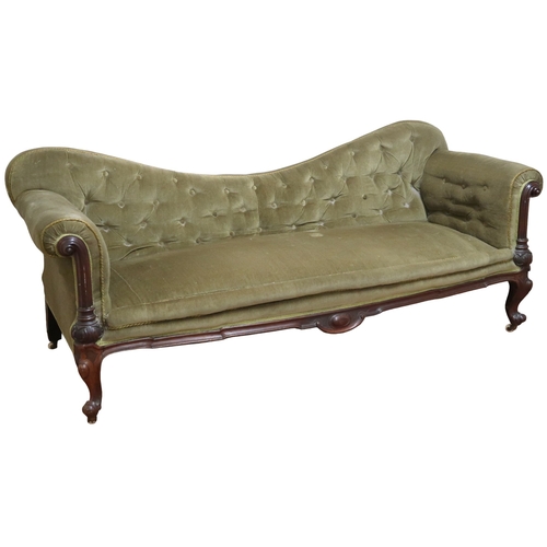 2030 - A VICTORIAN ROSEWOOD FRAMED BUTTONBACK UPHOLSTERED GOSSIP SOFA with scrolled arms on carved supports... 