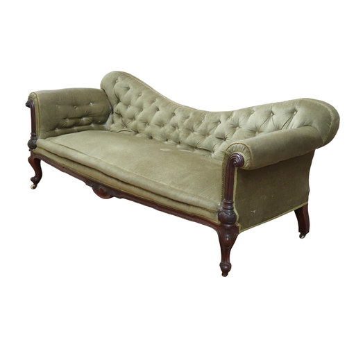 2030 - A VICTORIAN ROSEWOOD FRAMED BUTTONBACK UPHOLSTERED GOSSIP SOFA with scrolled arms on carved supports... 