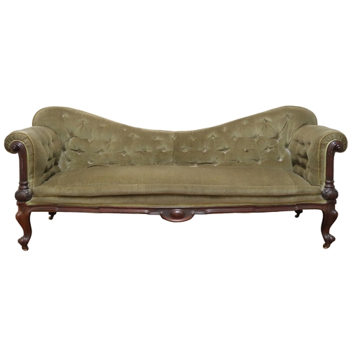 2030 - A VICTORIAN ROSEWOOD FRAMED BUTTONBACK UPHOLSTERED GOSSIP SOFA with scrolled arms on carved supports... 