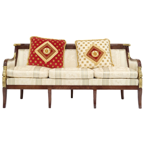 2106 - A CONTEMPORARY LOUIS XVI STYLE THREE SEATER SETTEE with cream Damask upholstery on shaped frame with... 