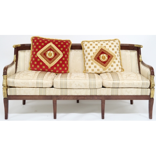 2106 - A CONTEMPORARY LOUIS XVI STYLE THREE SEATER SETTEE with cream Damask upholstery on shaped frame with... 