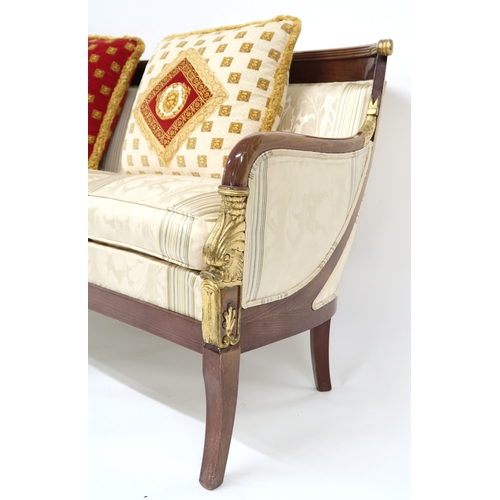 2106 - A CONTEMPORARY LOUIS XVI STYLE THREE SEATER SETTEE with cream Damask upholstery on shaped frame with... 