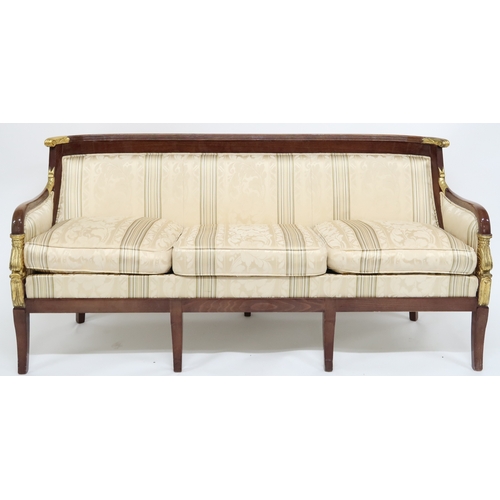 2106 - A CONTEMPORARY LOUIS XVI STYLE THREE SEATER SETTEE with cream Damask upholstery on shaped frame with... 