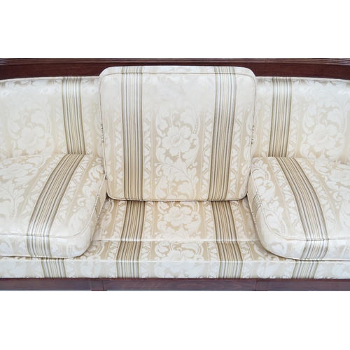 2106 - A CONTEMPORARY LOUIS XVI STYLE THREE SEATER SETTEE with cream Damask upholstery on shaped frame with... 