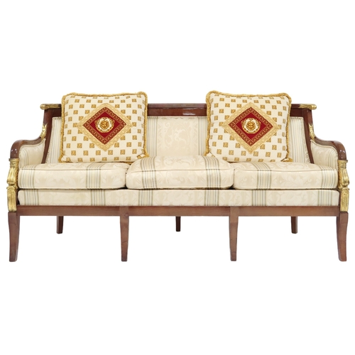 2107 - A CONTEMPORARY LOUIS XVI STYLE THREE SEATER SETTEE with cream Damask upholstery on shaped frame with... 